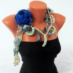 Knitted Scarf Necklace, Flower Necklace With Green..