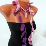 Crocheted Scarf Necklace Leaves,pink ,purple,..