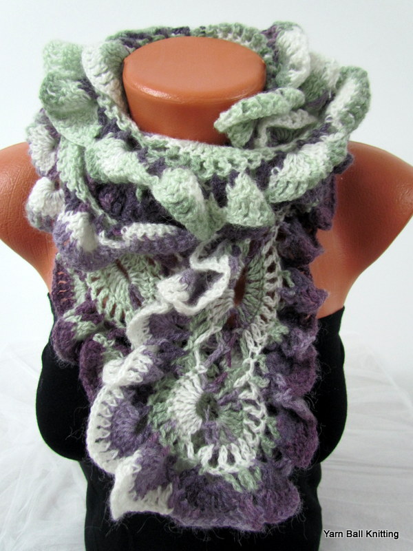 Knitted Curly Scarf Crochet, Colorful Purple And Green Line