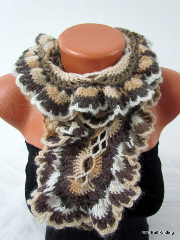 Knitted Curly Scarf Crochet, Colorful Brown, Mocha, White Range.