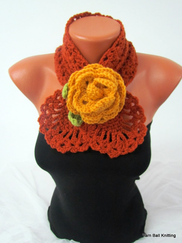 Women Accessories,crochet Scarf Jewellery,gift For Mom, Nechwarmer Handmade Gift, Rose Brooch Dark Yelolw Flowers
