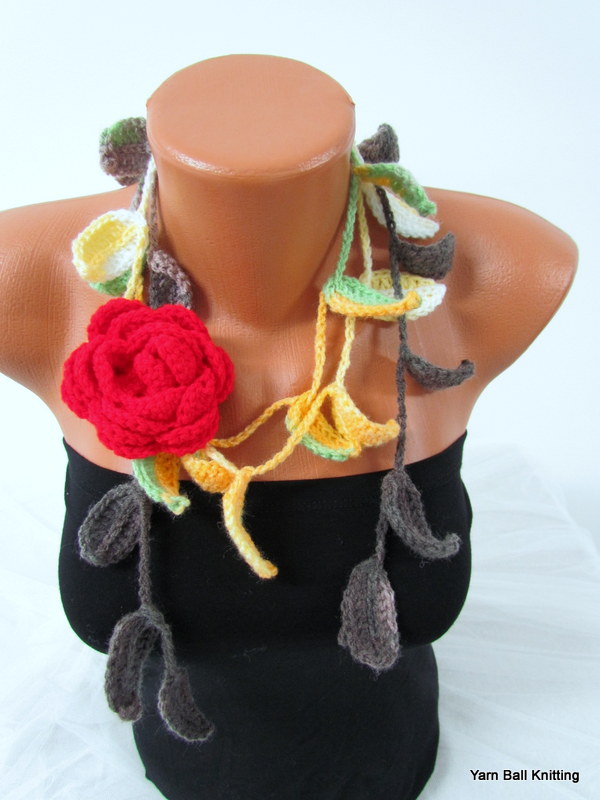 Knitted Scarf Necklace, Flower Necklace With, Green Multicolor And Red Rose