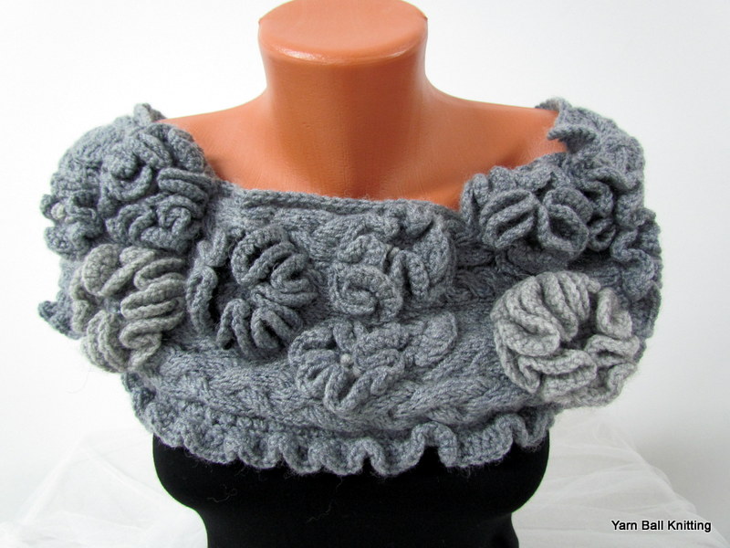 Cape, Scarf Gray, Light Gray, Decorated With Knitted Flowers, Fastened With Four Hidden Buttons. Women