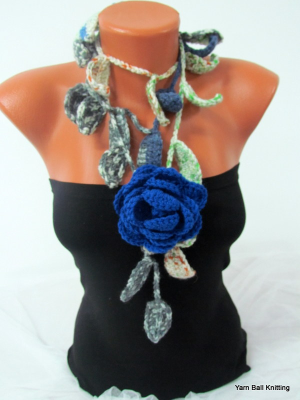 Knitted Scarf Necklace, Flower Necklace With Green Multicolor And Blue Rose