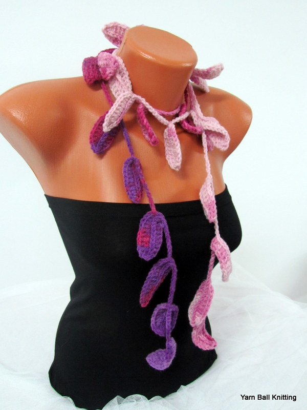 Crocheted Scarf Necklace Leaves,pink ,purple, Violet Red, Feminine, Trendy, Spring, Summer, Harvest